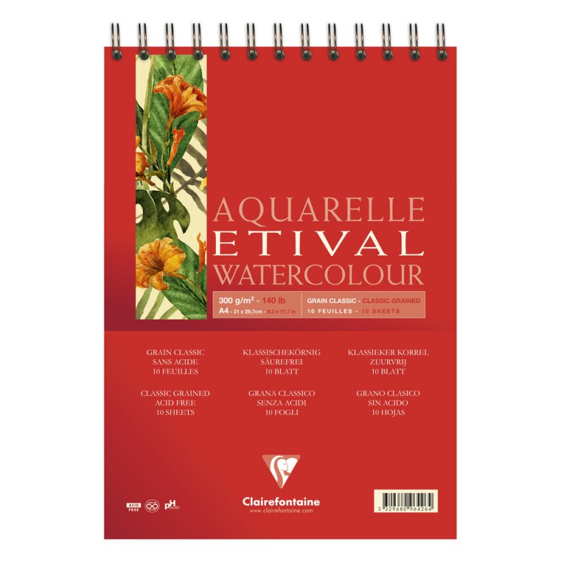 Clairefontaine Etival Aquarelblok Klassieke Korrel - 300 g - A4 - spiraal - 10 blad