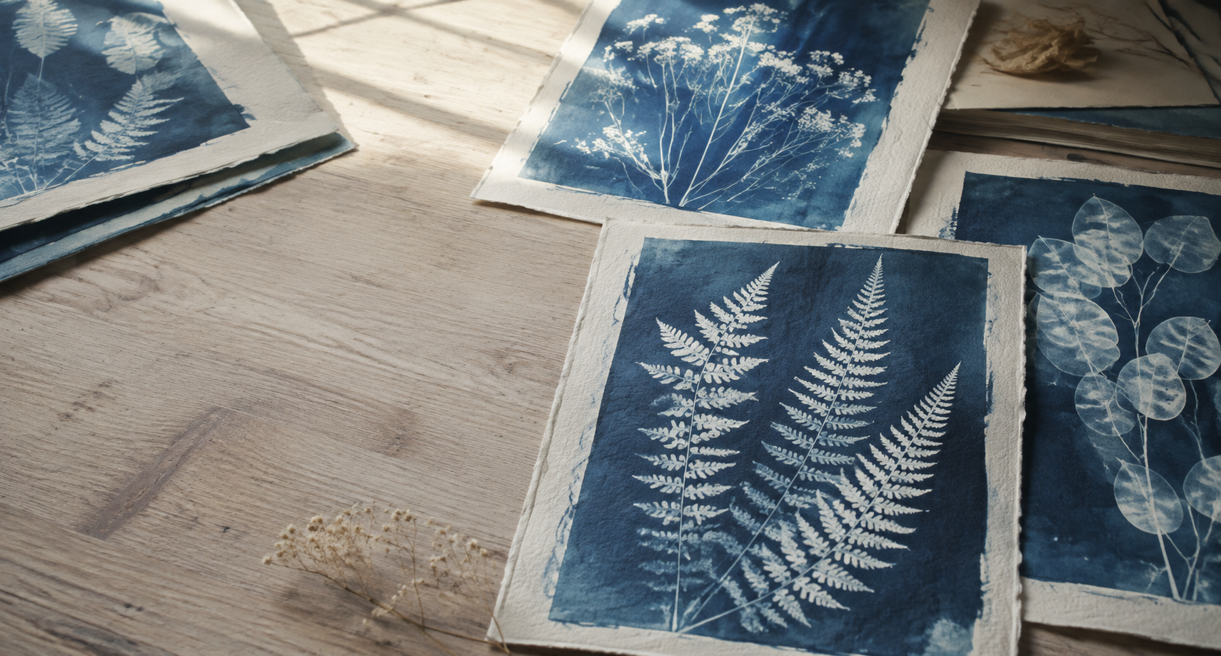 Handgemaakte botanische cyanotype-afdrukken op papier