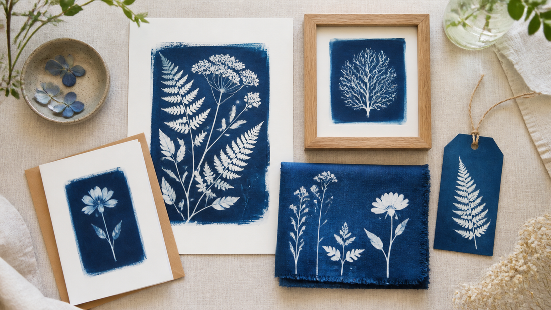 Verzameling creatieve cyanotype projecten op papier, textiel en woonaccessoires