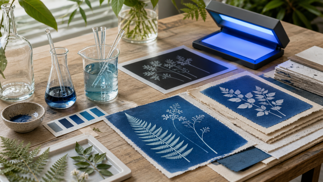 Moderne cyanotype kunstwerken en materialen in een lichte atelieromgeving