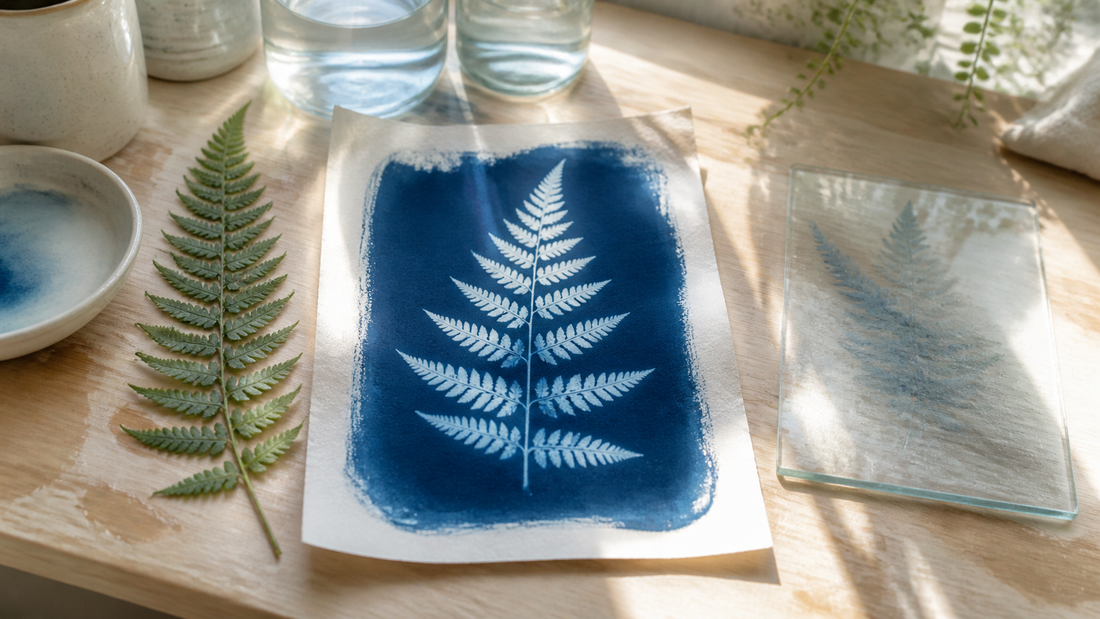 Botanische cyanotype afdruk met bladeren in diep Pruisisch blauw