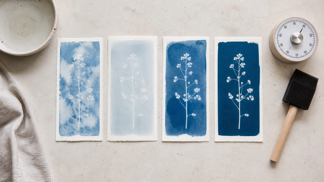 Mislukte en geslaagde botanische cyanotype proefafdrukken naast elkaar