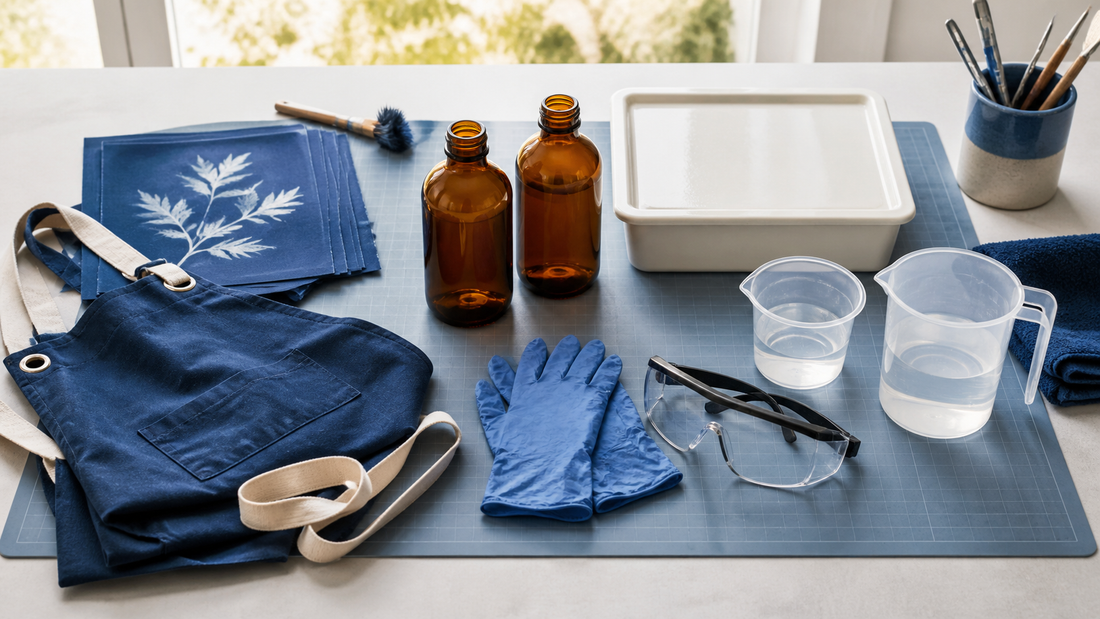 Veilig ingerichte cyanotype werkplek met handschoenen en gelabelde materialen