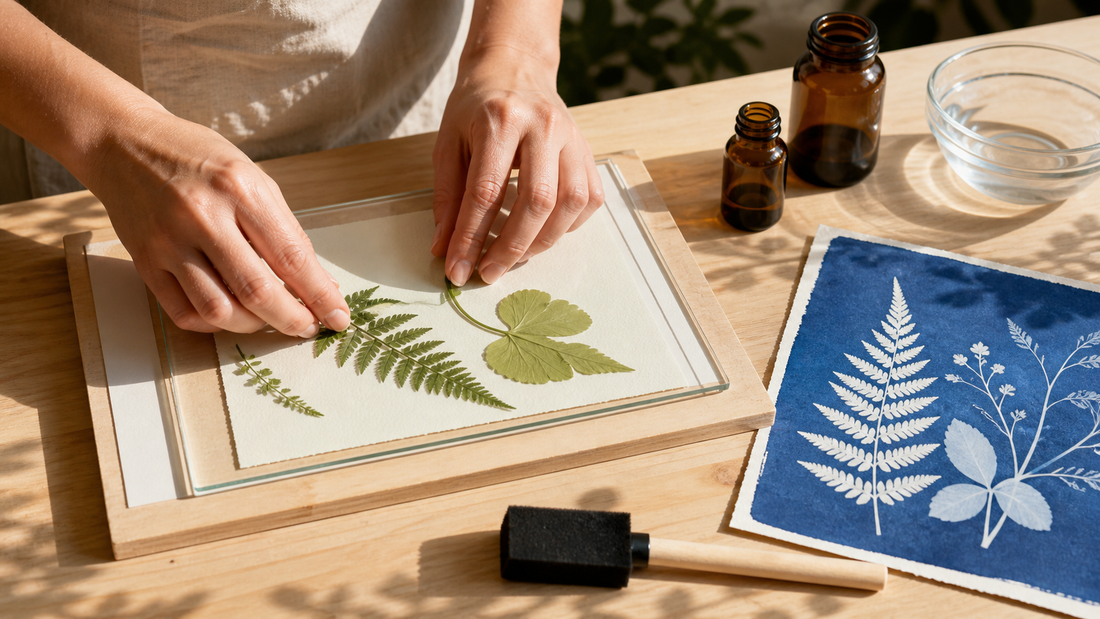 Beginnende maker legt botanische vormen op gecoat cyanotypepapier