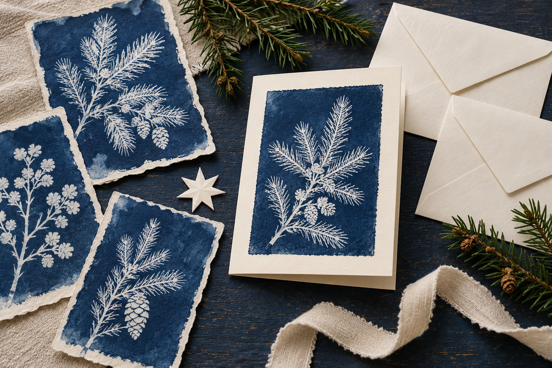 Illustratie van botanische blauwe cyanotypeprints, een crèmekleurige kerstkaart, papieren sterren en enveloppen