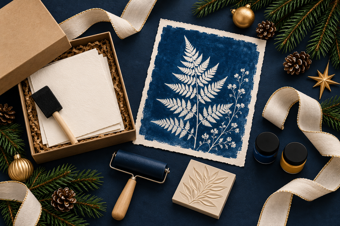 Illustratie van creatieve kerstcadeau-ideeën met papier, een schuimkwast, botanische blauwdruk en drukmaterialen