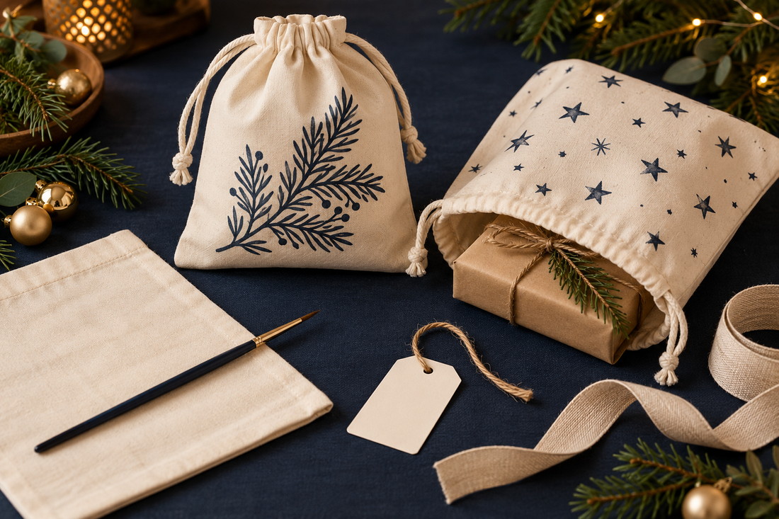 Illustratie van crèmekleurige stoffen cadeauzakken met blauwe takken en sterren, een kwast, proeflap en cadeaulabel