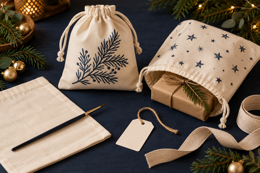 Herbruikbare cadeauzakken beschilderen voor kerst: een rustig patroon, goed afgewerkt