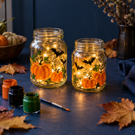 Halloween-glazen potjes schilderen: pompoenen en vleermuizen met LED-licht
