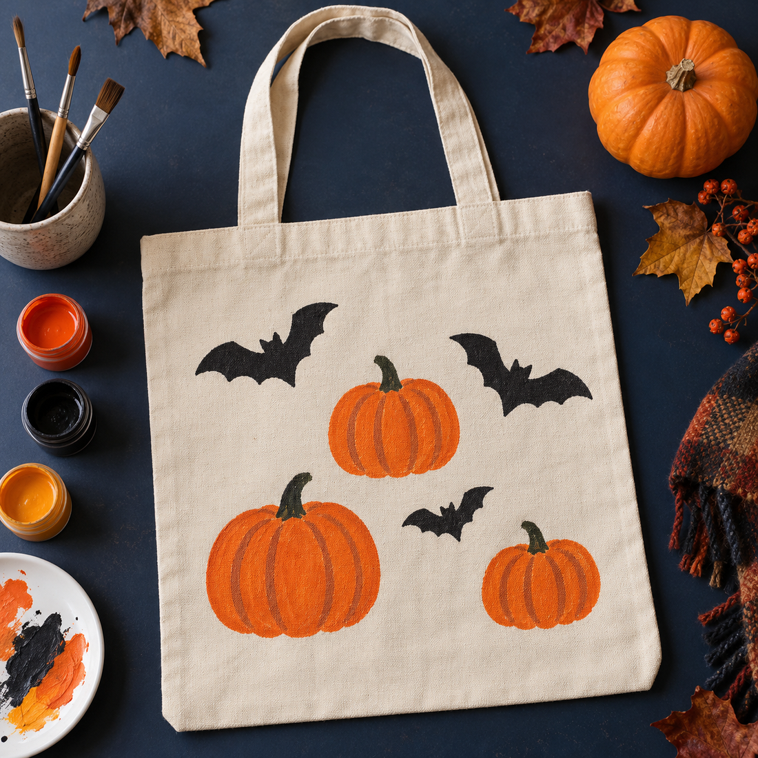 Een Halloween-tas schilderen met textielverf: pompoenen en vleermuizen