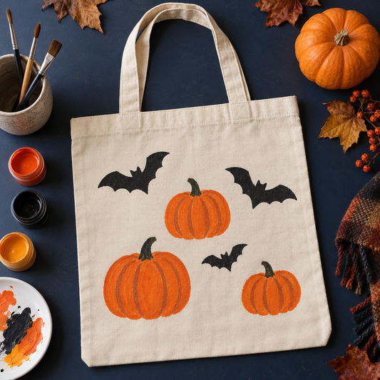 Een Halloween-tas schilderen met textielverf: pompoenen en vleermuizen