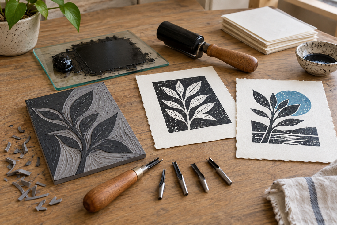 Linosnedewerkplek met SoftCut-blok, gutsen, roller, zwarte inkt en botanische proefdrukken