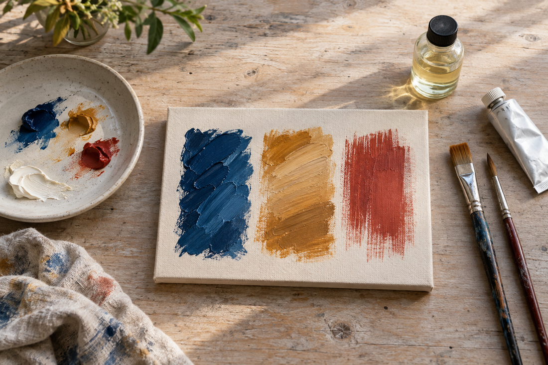 Olieverfproef in blauw, oker en rood op gegrond doek, met palet en penselen