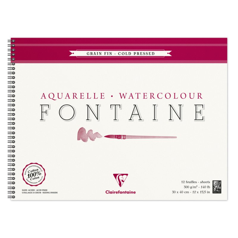 Clairefontaine Fontaine Aquarelblok 300 g Fijne Korrel - 30 x 40 cm - spiraal - 12 blad