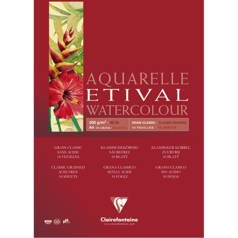 Clairefontaine Etival Aquarelblok Klassieke Korrel - 200 g - A4 - 1 zijde gelijmd - 10 blad
