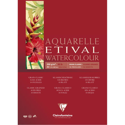 Clairefontaine Etival Aquarelblok Klassieke Korrel - 200 g - A4 - 1 zijde gelijmd - 10 blad