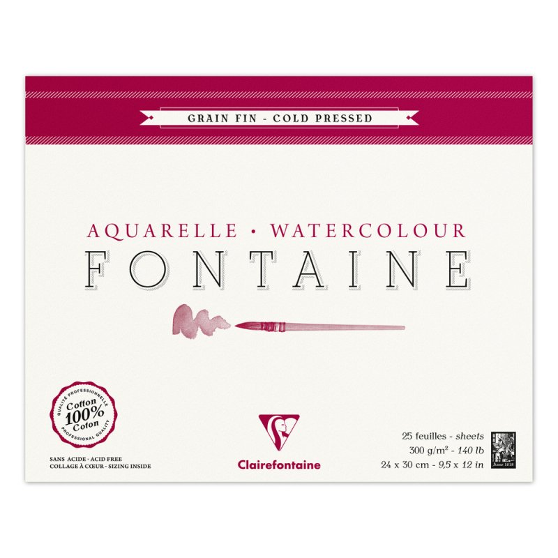 Clairefontaine Fontaine Aquarelblok 300 g Fijne Korrel - 24 x 30 cm - 4 zijden gelijmd - 25 blad