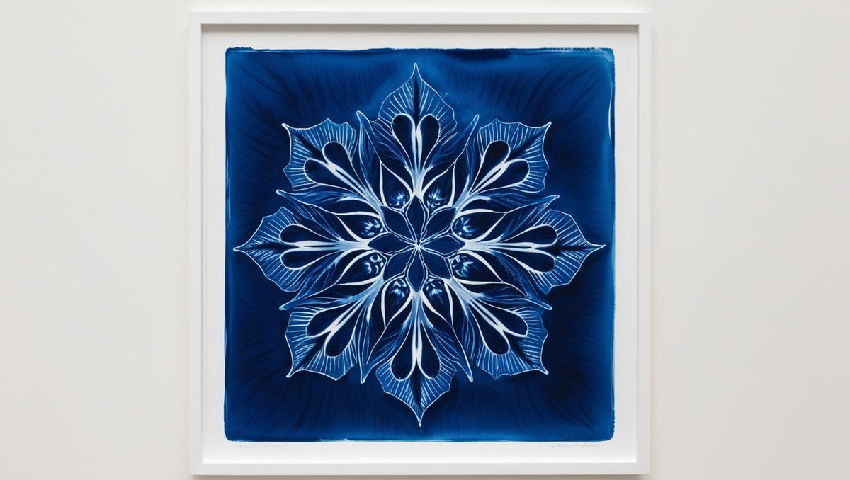 Symmetrische cyanotype print van bloemenpatroon, blauwe afdrukken op hoogwaardig aquarelpapier. Perfect resultaat met Cyanotype Refill Kit.