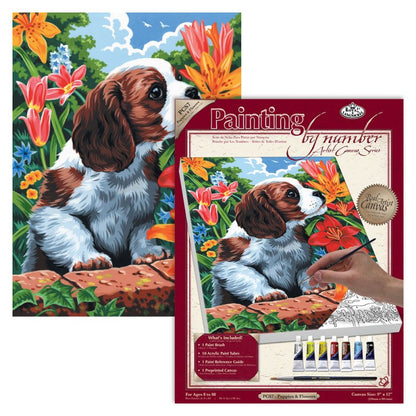 R&L Artist Canvas A4 Schilderen op Nummer - Puppy & Flowers